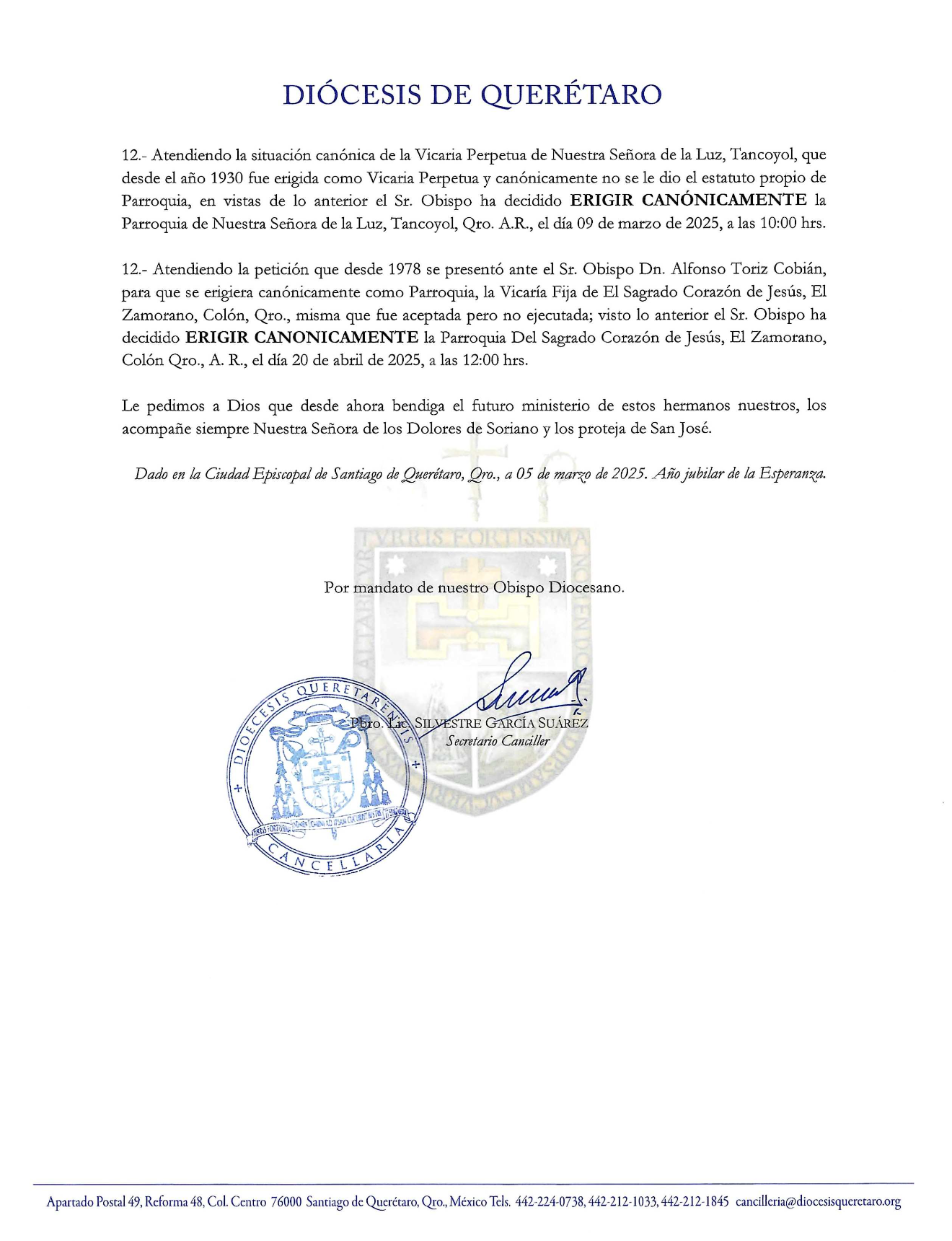 COMUNICADO 07/2025 Asunto: Sobre algunos nombramientos de sacerdotes, y de algunas situaciones particulares en la Diócesis de Querétaro. 2